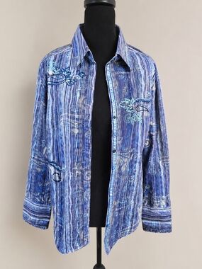 Robert Graham Embroidered Button Snap Shirt Blue Paisley Cotton S-M